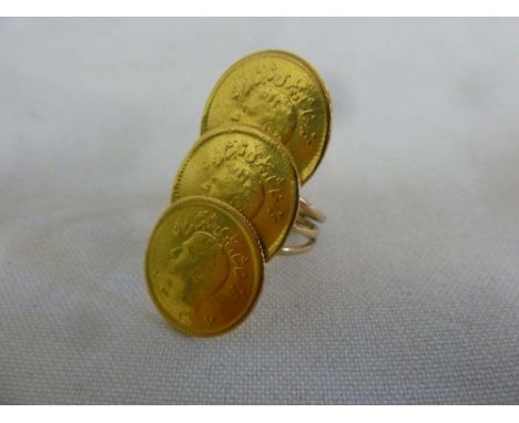 9ct gold ring set with three Persian coins, approx 7.9g