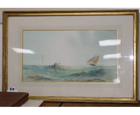 Charles E Hannaford watercolour "Off the Eddy Stone Light House" 23 x 44cm.