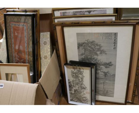 Chinese School. A group of artworks comprising; pair of gouaches on silk of birds and flowers 48 x 18cm., two scroll painting