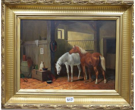 K G, oil on board, horses in a stable monogrammed, 28 x 38cm