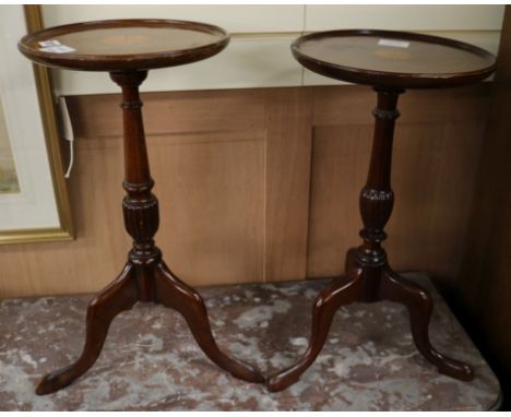 Two Edwardian inlaid mahogany tripod wine tables W.25cm