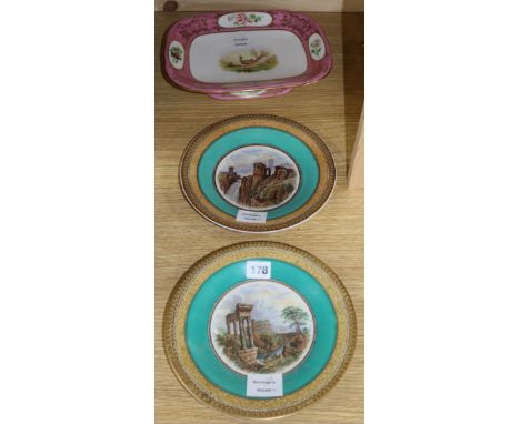 A pair of Prattware plates and a Staffordshire pink bordered cake dish painted with a pheasant