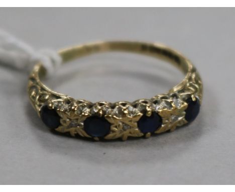 A 9ct gold, sapphire and diamond half hoop ring, size K.