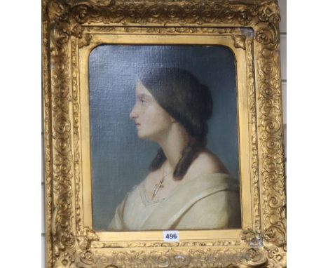 English School (19th century), oil on board, head and shoulders portrait of a lady 36 x 30cm