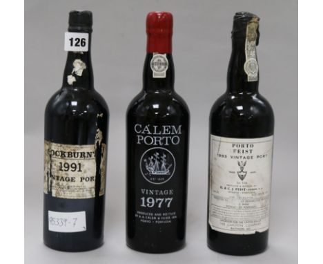 Three bottles of Vintage Port: Calem 1977, Cockburn 1991 and Feist 1983