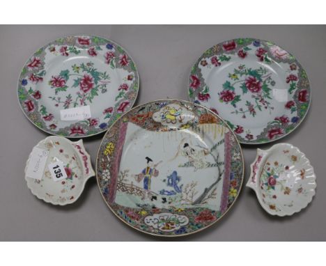 Two Chinese export famille rose shell dishes, a similar plate and two Spode stone china plates