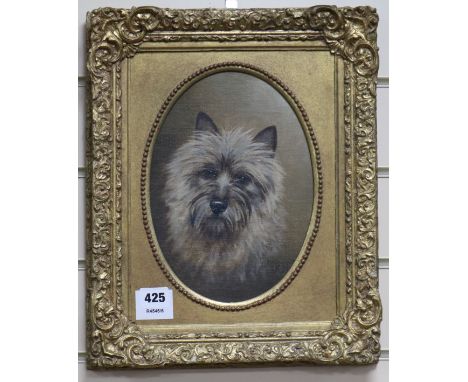 English School, oil on canvas board, portrait of a terrier 'Dot', 25 x 18cmFrom the estate of the late Sheila Farebrother.