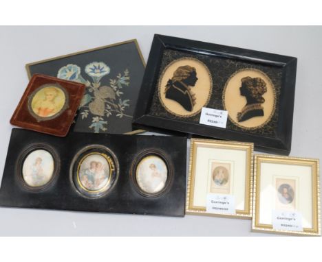 A group of nine portrait miniatures, in six frames
