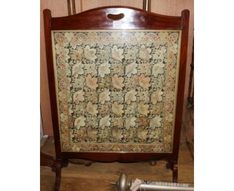 Two carved and giltwood lamp standards and a silk embroidered mahogany framed fire screen fire screen W.72cm
