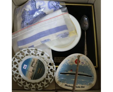 Ocean Liner Memorabilia; Cunard Lines etc ceramics Queen Elizabeth 1938; plate and soup ladle, Queen Mary 1936; white bakelit