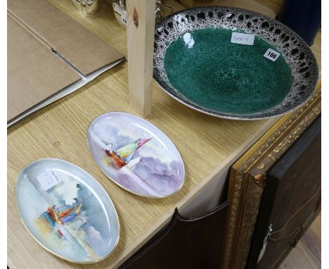 A Poole pottery bowl and two painted Minton dishes bowl diameter 34cm