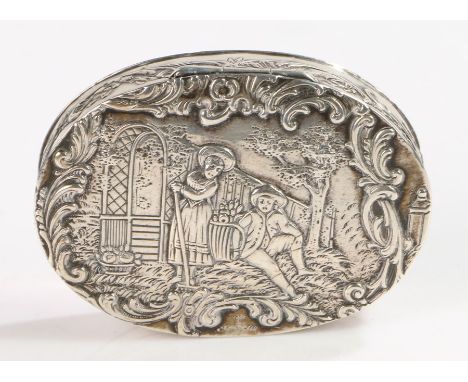 Dutch silver snuff box, the lid embossed with figures in a garden surrounded by scrolls, 6.5cm wide, 1.6oz