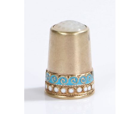 David Anderson Norwegian silver thimble with turquoise and white enamel decoration