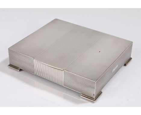 George VI Art Deco silver cigarette box, Birmingham 1937, maker A Wilcox, the lid and body with engine turned decoration, rai