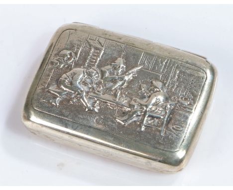 Dutch silver snuff box, the hinged lid with embossed depiction of figures seated at a table, 4.5cm wide, 0.6oz