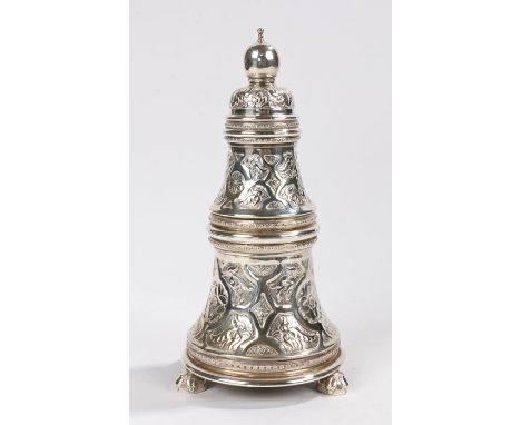 Elizabeth II silver salt and pepper stand, Sheffield 1977, maker Barrowclift Silvercraft, the pierced orb form finial above a