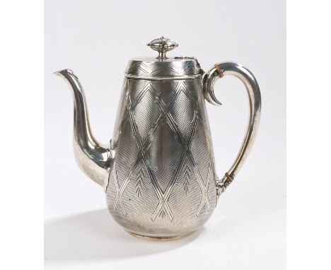 Victorian silver coffee pot, Birmingham 1865, maker Elkington &amp; Co. the cross form finial above an engine turned body wit