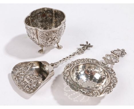 Dutch silver, to include caddy spoon with windmill form handle and bowl embossed with depiction of figures in an interior, im