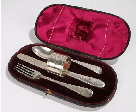 Victorian silver traveling cutlery set, Sheffield 1889, with bright cut decoration, to include fork, spoon, knife and napkin 