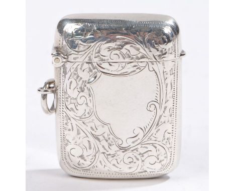 Edward VII silver vesta case, Birmingham 1906, maker William Hair Haseler, the scroll decorated exterior with vacant cartouch