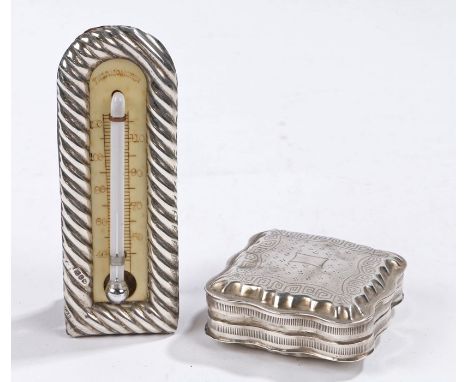 19th Century Dutch silver snuff box, the hinged lid with vacant cartouche surrounded by a Greek key style border, with duty m