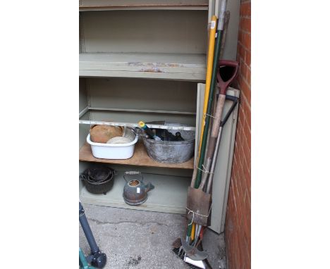 A selection of garden tools, mixed metalware and stoneware