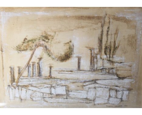 DOROTHY KIRKBRIDE (1924 - 2010). Industrial abstract landscape, mixed media on card, signed lower right and dated 1979, frame
