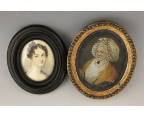 TWO OVAL PORTRAIT MINIATURES, depicting a 19th century young lady and an earlier Dutch example  (2)