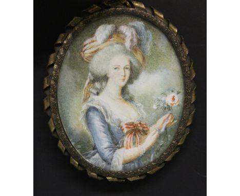 AFTER LEBRUN - A 19TH CENTURY OVAL MINIATURE, portrait of a classically dressed lady holding a posy, bears signature lower ri