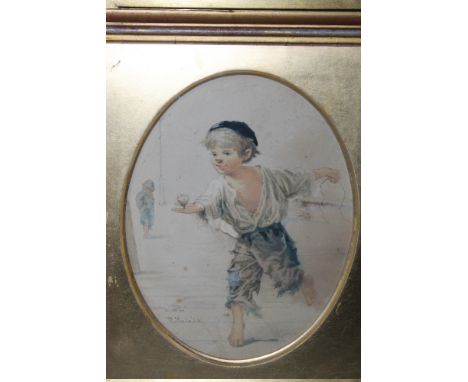 R LUDA VICI (XX). Street urchin, signed lower left, oval watercolour, gilt framed and glazed, 23 x 17.5 cm