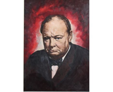 A PORTRAIT STUDY OF SIR WINSTON CHURCHILL, oil on board, framed, indistinctly signed, 74 cm x 54 cm