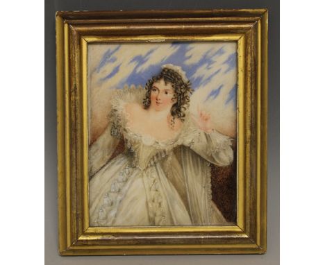 AN EARLY 19TH CENTURY MINIATURE, portrait of an elegant lady, wearing a lace dress, rectangular, framed, 13 x 10 cm