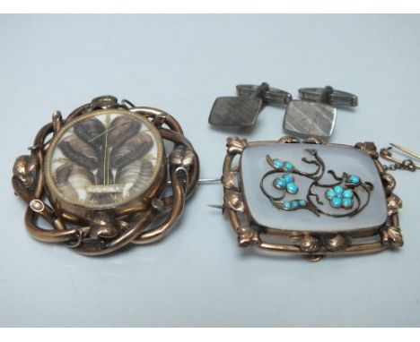 AN EARLY 20TH CENTURY MEMORIAL SWIVEL HAIR BROOCH, H 5.4 cm, together with a an opaque glass and yellow metal brooch with fol