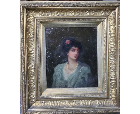 CONTINENTAL SCHOOL (XX). Portrait of a woman, signed lower right but indistinct, oil on board, gilt framed, 20 x 17 cm