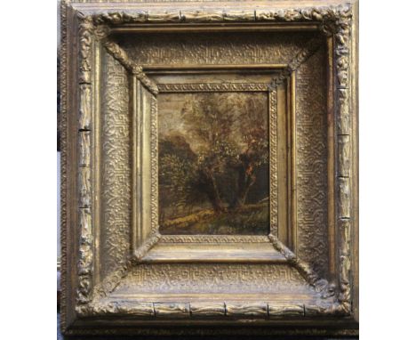 A WOODED LANDSCAPE, bears name John Constable verso, oil on board, framed, unsigned, 15 cm x 11 cm