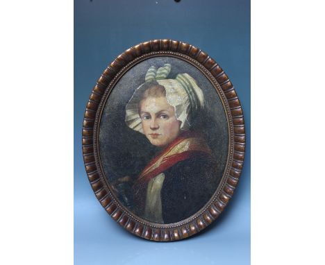 A 19TH CENTURY OVAL PORTRAIT STUDY OF YOUNG WOMAN, oil on canvas, framed, unsigned, 48 cm x 36 cm