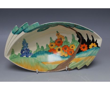 A CLARICE CLIFF FOR WILKINSON 'HOLLYHOCKS' PATTERN ART DECO BOWL, of oval form, hand painted decoration, 'Bizarre' marks to b