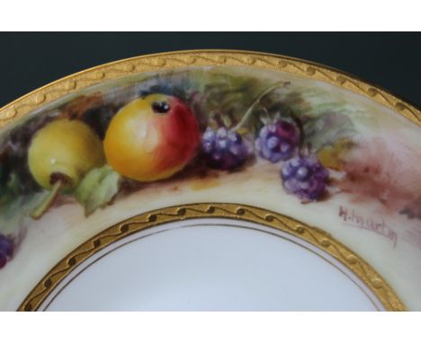 A ROYAL WORCESTER PART COFFEE SET - SIGNED H MARTIN,  consisting of six saucers with hand painted banded fruit decoration, to