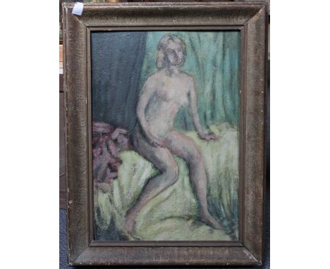 ENGLISH SCHOOL (TWENTIETH CENTURY). Portrait of a seated nude, signed lower right but indistinct, oil on board, gilt framed, 