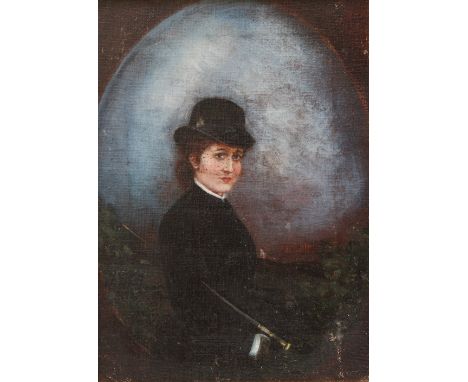 ENGLISH SCHOOL (XX). Portrait of a classically dressed lady in riding attire, oil on canvas, gilt framed, 19.5 x 14 cm