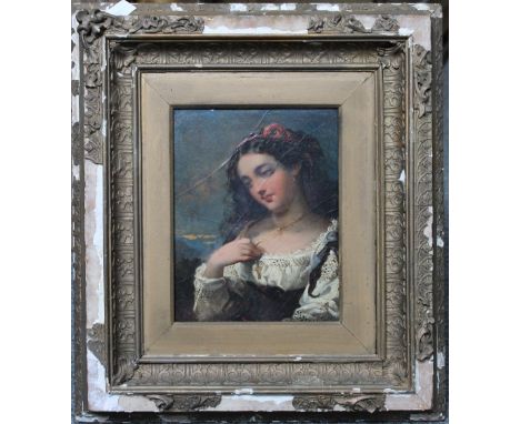 ATTRIBUTED TO RAYMOND BARKER (XX). Portrait of a girl holding a cross, oil on board, gilt framed, 22 x 17 cm