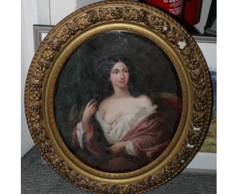 ENGLISH SCHOOL (NINETEENTH CENTURY). Portrait of a lady, oil on canvas on glass, oval, gilt framed, 45 x 36.5 cm