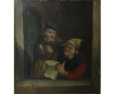 CONTINENTAL SCHOOL (XX). Dutch men in an interior scene, oil on panel, gilt framed and glazed, 22 x 19.5 cm