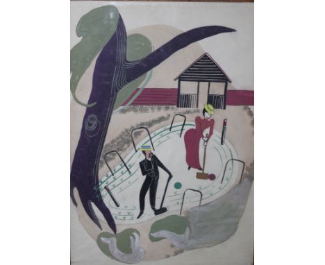 AN EARLY 20TH CENTURY MODERNIST CROQUET GAME, mixed media on paper, framed and glazed, unsigned, 51 cm x 35 cm