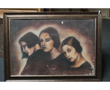 ENGLISH SCHOOL (TWENTIETH CENTURY). Portrait of three girls, pastel on canvas, framed, 50 x 74 cm