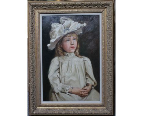 ERNEST F. HILL (XX). Portrait of a young girl, titled verso, oil on board, gilt framed, 60 x 39 cm