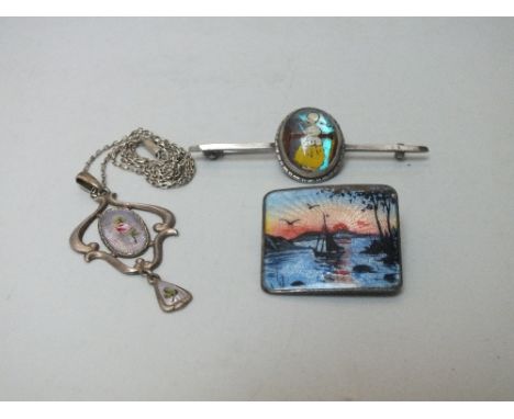 A CHARLES HORNER HALLMARKED SILVER AND ENAMEL PENDANT NECKLACE, together with a Norway silver enamel brooch and a silver and 
