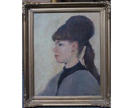 CONTINENTAL SCHOOL (TWENTIETH CENTURY). Portrait of a young lady, signed lower right but indistinct, oil on board, gilt frame