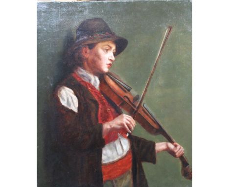 STYLE OF EGISTO LANCEROTT (1847-1916). A young boy playing the violin, signed verso, oil on canvas, unframed, 61 x 51 cm