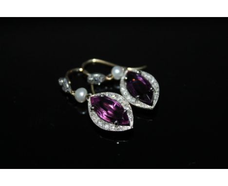 A PAIR OF AMETHYST DIAMOND AND PEARL EARRINGS, the marquise cut amethyst are approx 14.75 mm by 6.6 mm and are surrounded by 